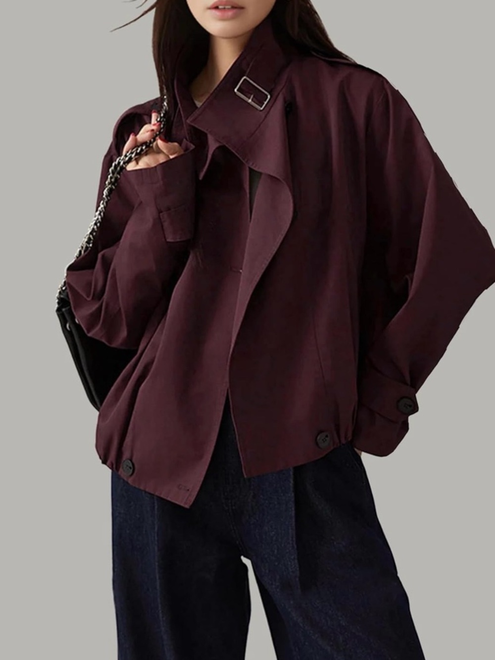 Women's Cropped Trench Jacket - Burgundy - Picture 5 of 6
